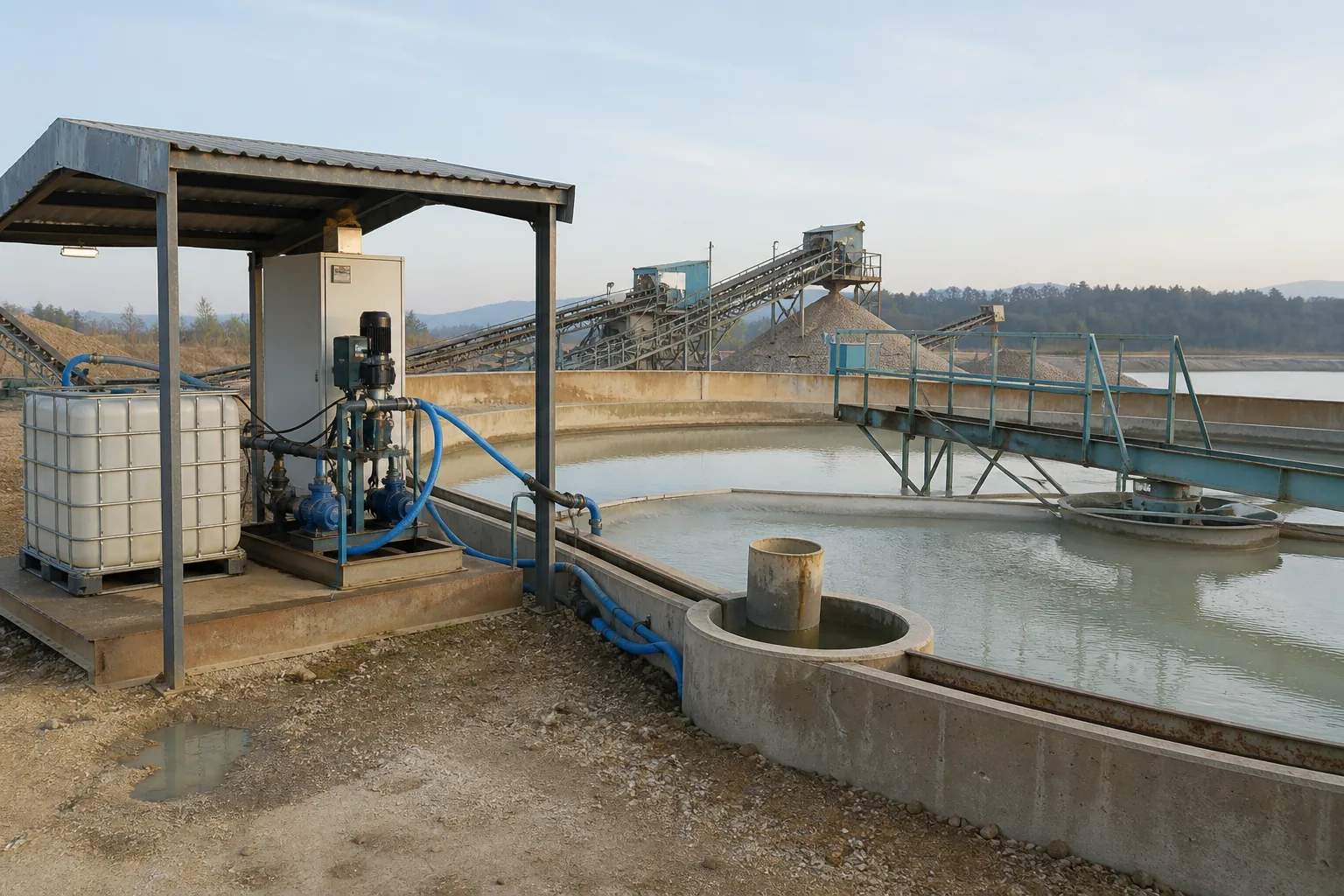 Aggregate wash-water clarifier with a covered liquid polymer dosing station