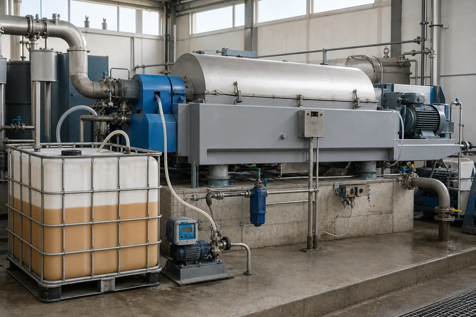Decanter centrifuge supplied by a liquid polymer emulsion tote and metering pump