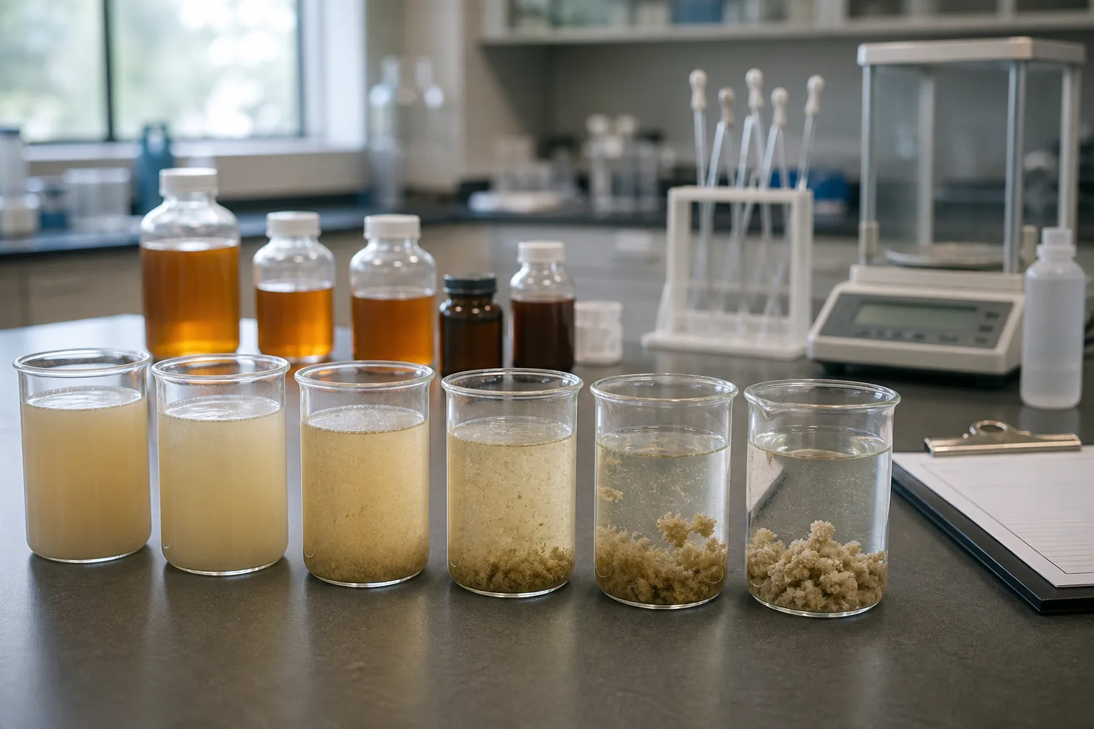 Jar-test dose curve comparing liquid polyacrylamide emulsion samples and floc separation