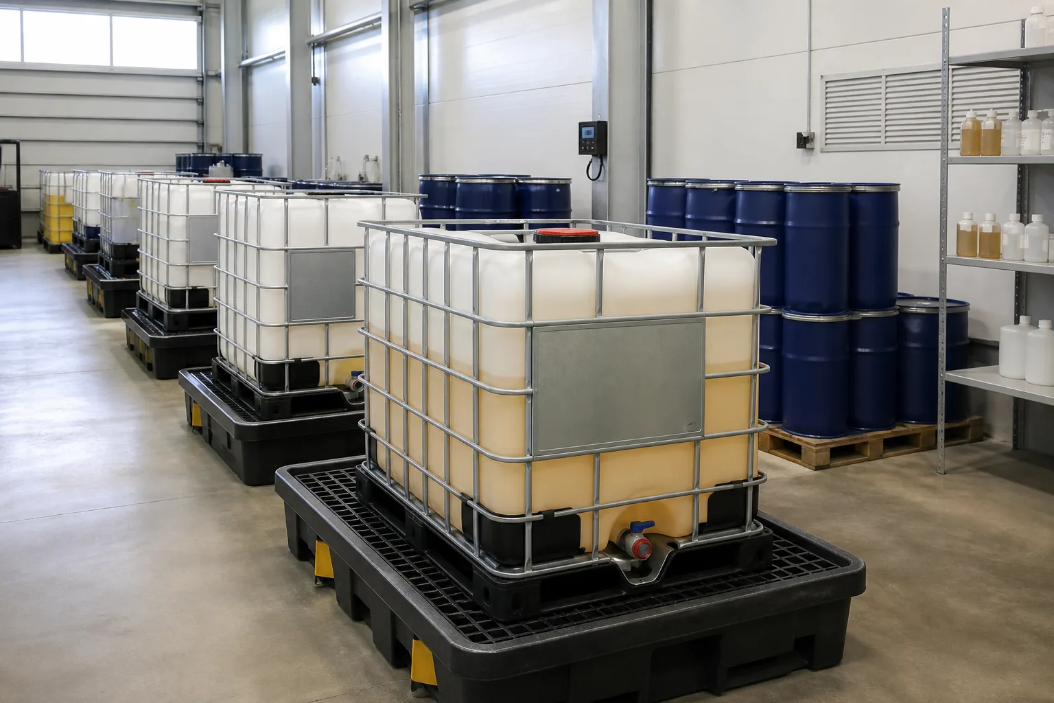 Sealed polyacrylamide emulsion IBC totes and drums in secondary containment
